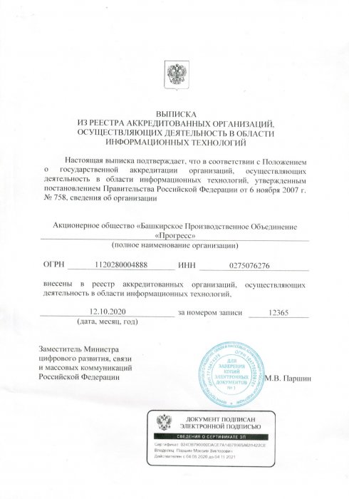 Выписка из реестра аккредитованных организаций, осуществляющих деятельность в области информационных технологий